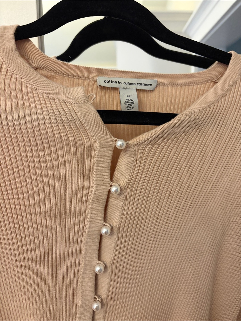 Autumn Cashmere Pearl-Button Ribbed Cardigan - Blush Nude